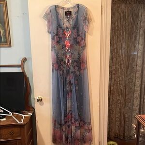 Johnny Was Gray and Blue Flutter Sleeve Maxi Dress